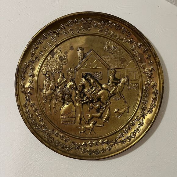 Other - Vintage Brass Wall Plate English Fox Hunt Scene Decorative Round Embossed Art